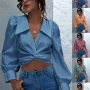 Wholesale Women's Fashion Turn-Down Collar Plain Lantern Sleeve Twist Crop Blouse AY068# preview