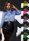 Wholesale Women's 3/4 Sleeve Tie Neck Button Down Plain Satin Shirt AY069# - Liuhuamall