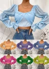 Wholesale Women's Square Neck Layered Poet Sleeve Ruched Open Back Plain Crop Blouse AY070# - Liuhuamall