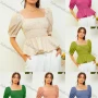 Wholesale Women's Square Neck Puff Sleeve Shirred Open Back Crop Ruffle Hem Plain Blouse AY072# preview