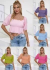 Wholesale Women's Square Neck Puff Sleeve Ruffle Trim Shirred Crop Blouse AY084# - Liuhuamall