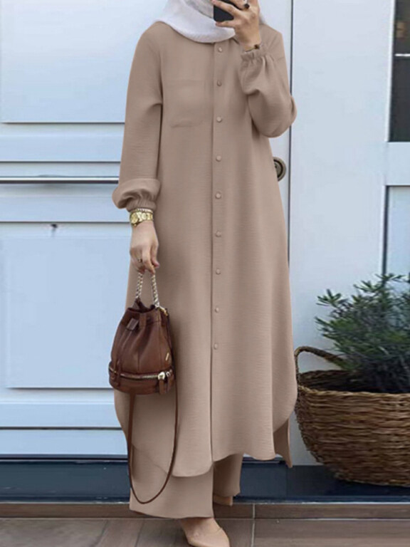 Women's Islamic Muslim Long Sleeve Button Down Shirt Dress 2 Piece Set, Clothing Wholesale Market -LIUHUA, 