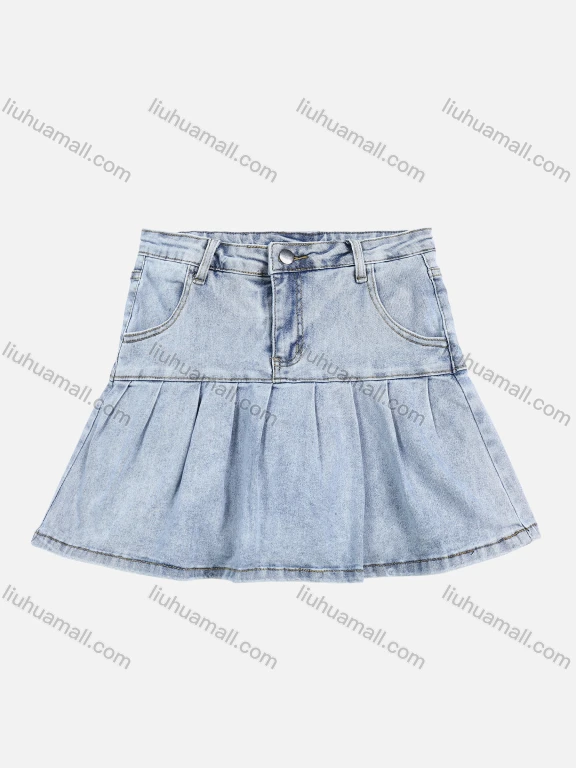 Wholesale Women's Summer Plain Ruched Button Closure Side Pocket Denim Mini Skirt