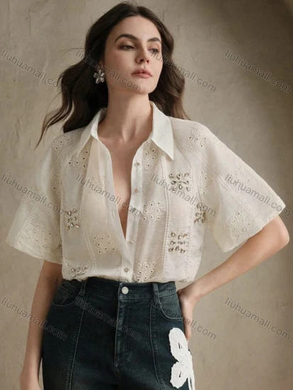 Wholesale Women's Short Sleeve Embroidered Blouse with Button-Up Front and Relaxed Fit