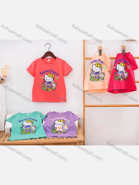 Wholesale Girl's Casual Cartoon Print Round Neck Short Sleeve Modal Cotton Tee