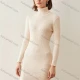 Wholesale Women's Casual Turtleneck Plain Long Sleeve Ribbed Slim Fit Knit Sweater Short Dress 8805# Champagne Clothing Wholesale Market Liuhua