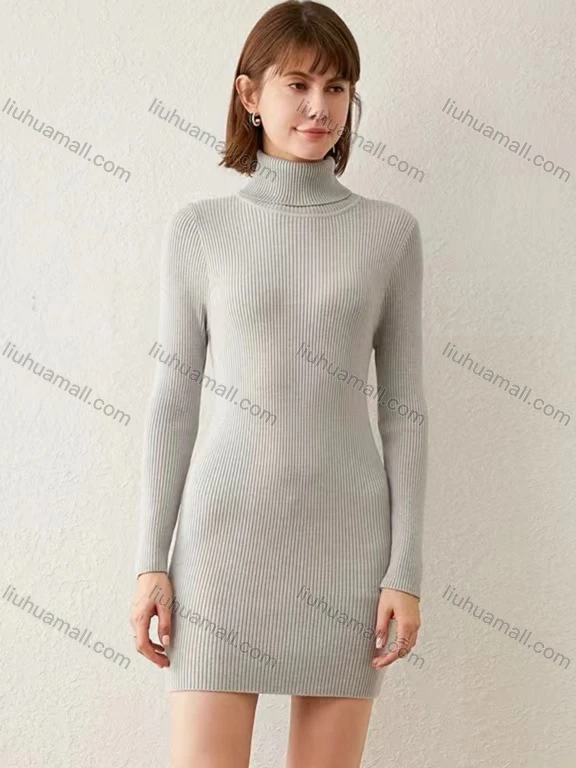 Wholesale Women's Casual Turtleneck Plain Long Sleeve Ribbed Slim Fit Knit Sweater Short Dress 8805#