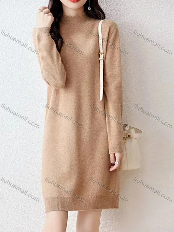 Wholesale Women's Casual Mock Neck Plain Long Sleeve Knit Sweater Short Dress 8808#