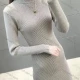 Wholesale Women's Casual Mock Neck Plain Long Sleeve Knit Ribbed Sweater Short Dress 9802# Gray Clothing Wholesale Market Liuhua