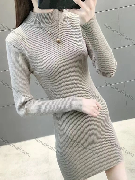 Wholesale Women's Casual Mock Neck Plain Long Sleeve Knit Ribbed Sweater Short Dress 9802#