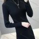 Wholesale Women's Casual Mock Neck Plain Long Sleeve Knit Ribbed Sweater Short Dress 9802# Black Clothing Wholesale Market Liuhua