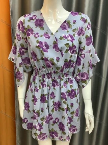 Wholesale Women's V-neck Petal Sleeve Shirred Waist Floral Print Short Dress AL0478#, LIUHUA CLOTHING WHOLESALE