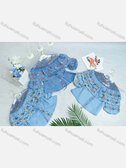 Wholesale Girl's 2 Denim Casual Lace up Round Neck Peasant Sleeve Layered Embroidery Mesh Floral Print Top
