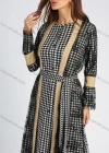 Wholesale Women's Elegant Bell Sleeve Lace Splicing Allover Houndstooth Print Button Down Maxi Dress With Belt - Liuhuamall