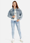 Wholesale Women's Casual Long Sleeve Ripped Button Front Graphic Crop Denim Jacket & Rhinestone Skinny Jeans Set - Liuhuamall