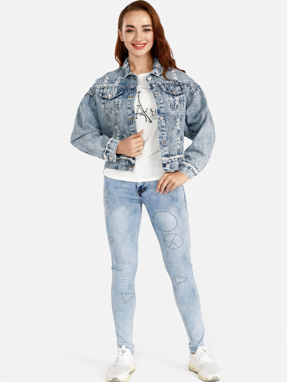 Women's Long Sleeve Denim Jacket With Rhinestone Skinny Jeans Set, Clothing Wholesale Market -LIUHUA, Jeans%20%26%20Denim