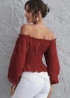 Wholesale Women's Fashion Ruffle Trim Off Shoulder Lace Up Long Sleeve Blouse - Liuhuamall