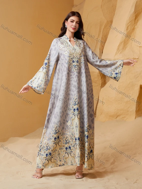 Wholesale Luxury Beaded & Pearl Embroidered Muslim Abaya, Dubai Style Flare Sleeve Modest Maxi Kaftan for Eid Ramadan, Guangzhou Clothing Wholesale Market & China Sourcing - LIUHUAMALL, Specialty