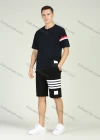 Wholesale Men's Short Sleeve Round Neck Striped T-Shirt Elastic Waist Pocket Shorts Set - Liuhuamall