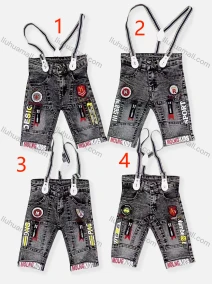 Wholesale Boy's Casual Letter Graphic Labeled Distressed Denim Shorts With Suspender 069#, LIUHUA CLOTHING WHOLESALE