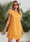 Wholesale Women's Casual Plain Crew Neck Short Sleeve Eyelet Scallop Edge Ruffle Hem Short Dress - Liuhuamall