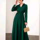 Women's Casual Elegant V Neck Collared Long Sleeve Ruched Drawstring Maxi Dress Cadmium Green Clothing Wholesale Market -LIUHUA