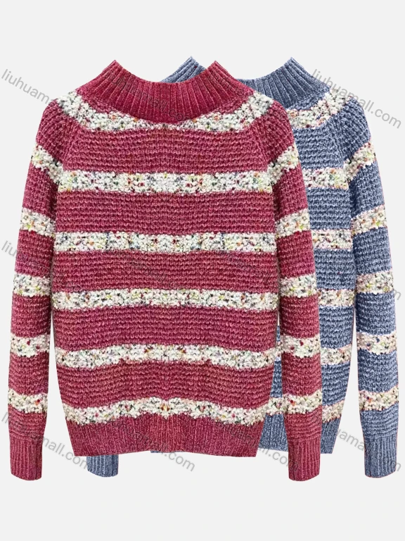 Wholesale Women's Casual Mock Neck Striped Splicing Colorblock Ribbed Long Sleeve Sweater Top 203#