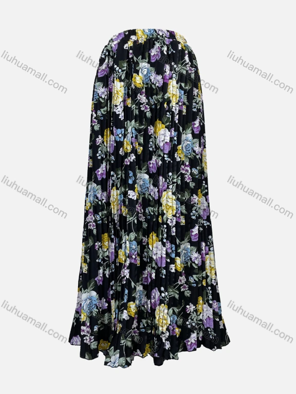 Wholesale Women's Boho Elastic Waist Floral Print Pleated Maxi Skirt