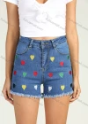 Wholesale Women's Lovely Embroidery Heart High Waist Frayed Raw Hem Denim Short - Liuhuamall