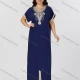 Wholesale Women's Folkloric Vintage Floral Embroidered Trim Short Sleeve Split Front Robe Maxi African Dress Navy Clothing Wholesale Market Liuhua