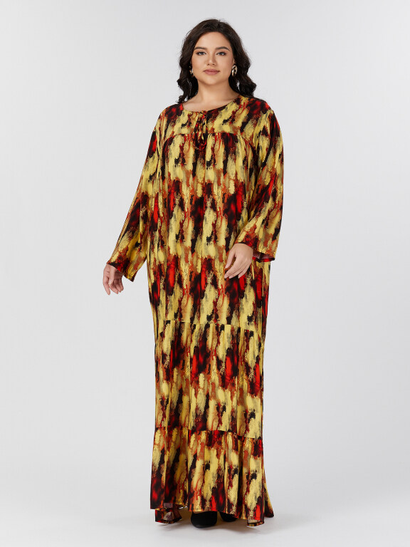 Women's Casual Tie Dye Ruched Tie Neck Long Sleeve Robe African Maxi Dress, Clothing Wholesale Market -LIUHUA, Tie%20Dye