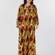 Women's Casual Tie Dye Ruched Tie Neck Long Sleeve Robe African Maxi Dress Yellow Clothing Wholesale Market -LIUHUA