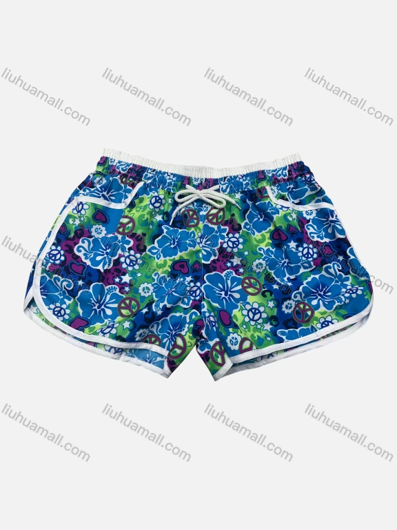 Wholesale Women's Vacation Contrast Floral Print Drawstring Beach Shorts