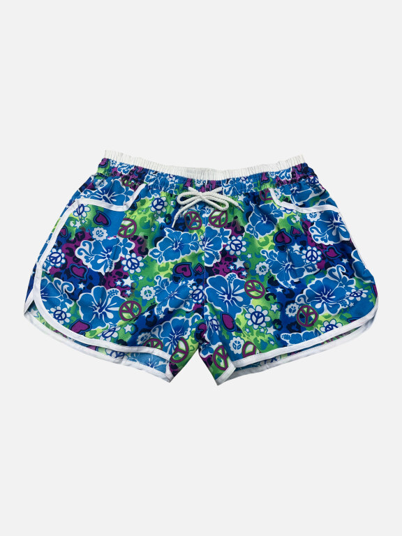 Women's Vacation Contrast Floral Print Drawstring Beach Shorts, Clothing Wholesale Market -LIUHUA, 