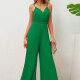 Women's Elegant Plain V Neck Pleated Adjustable Spaghetti Strap Wide Leg Cami Jumpsuit Green Clothing Wholesale Market -LIUHUA