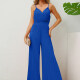 Women's Elegant Plain V Neck Pleated Adjustable Spaghetti Strap Wide Leg Cami Jumpsuit Blue Clothing Wholesale Market -LIUHUA