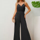 Women's Elegant Plain V Neck Pleated Adjustable Spaghetti Strap Wide Leg Cami Jumpsuit Black Clothing Wholesale Market -LIUHUA