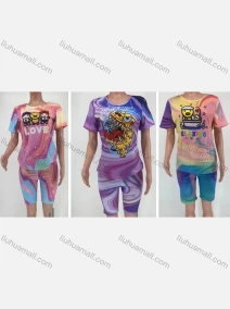 Wholesale Women's Casual Short Sleeve Rabbit Print Top & Shorts Set, LIUHUA CLOTHING WHOLESALE