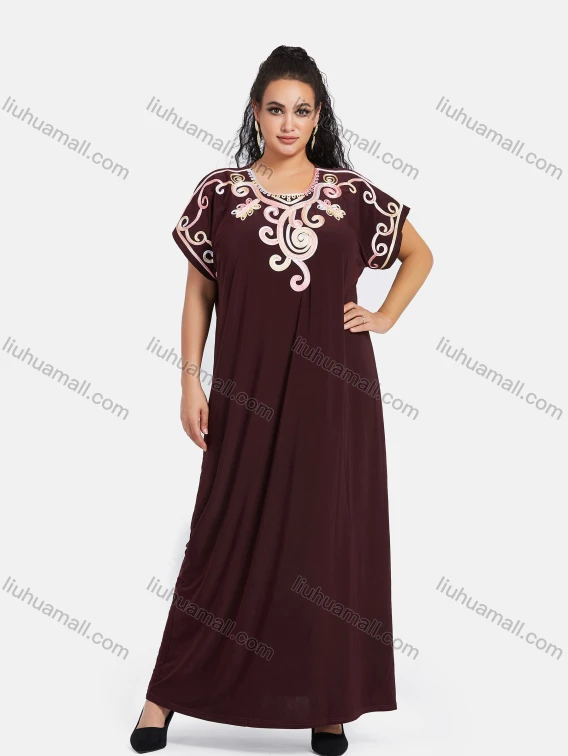 Wholesale Women's African Short Sleeve Floral Embroidery Round Neck Maxi Kaftan Dress #300, Guangzhou Clothing Wholesale Market & Suppliers - LIUHUAMALL, Specialty