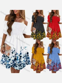 Wholesale Women's Casual Off Shoulder Puff Sleeve Floral Print Short Dress, LIUHUA CLOTHING WHOLESALE