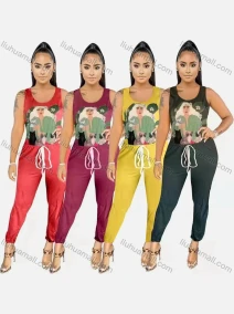 Wholesale Women's Casual Crew Neck Graphic Tank Top & Lace Up Pants Set, LIUHUA CLOTHING WHOLESALE