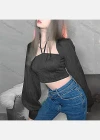 Wholesale Women's Casual Plain Halter Long Sleeve Crop Tops S186221H# - Liuhuamall