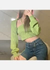 Wholesale Women's Casual Plain Halter Long Sleeve Crop Tops S186221H# - Liuhuamall