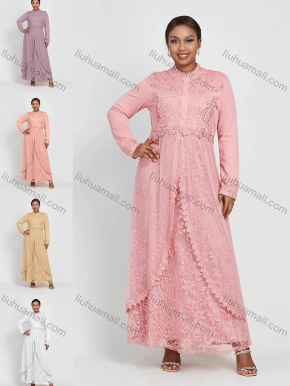 Wholesale Women's Long Sleeve Zip Back Applique Pearl Embroidery Decor Maxi Dress, Guangzhou Clothing Wholesale Market & Suppliers - LIUHUAMALL, Women