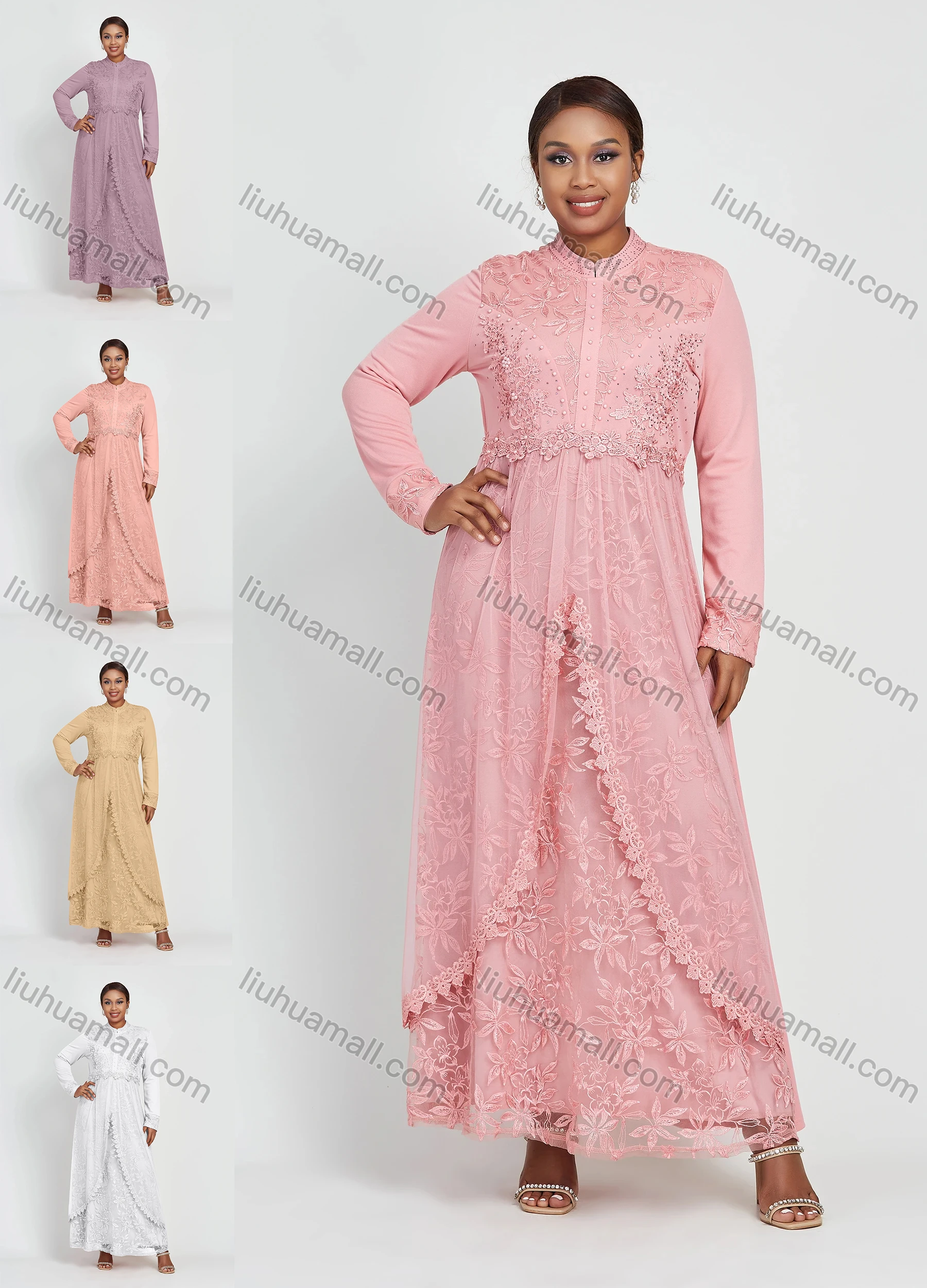 Wholesale Women's Long Sleeve Zip Back Applique Pearl Embroidery Decor Maxi Dress