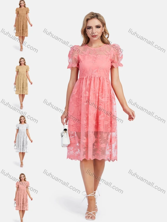 Wholesale Women's Casual Round Neck Puff Sleeve Ruffle Hem Embroidery Knee Length Dress, Guangzhou Clothing Wholesale Market & Suppliers - LIUHUAMALL, Women