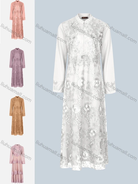 Wholesale Women's Stand Collar Long Sleeve Zipper Layered Floral Embroidered Pearl Appliques Rhinestone Maxi Dress