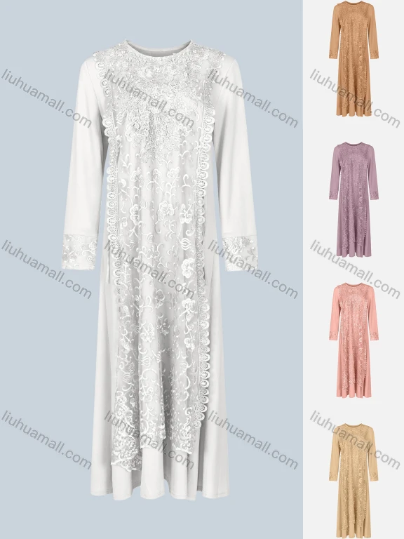 Wholesale Women's Round Neck Long Sleeve Layered Floral Embroidered Pearl Decor Maxi Dress