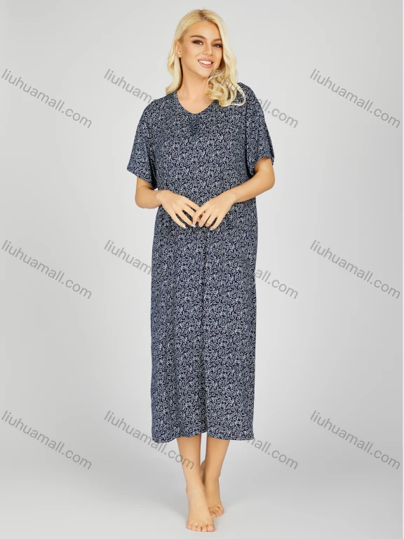 Wholesale Women's Milk Silk Allover Floral Print Crew Neck Lounge Short Sleeve Midi Night Dress 1003#
