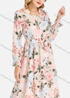 Wholesale Women's Casual Floral Print Long Sleeve Notched Neck Tie Front Midi Dress With Belt - Liuhuamall
